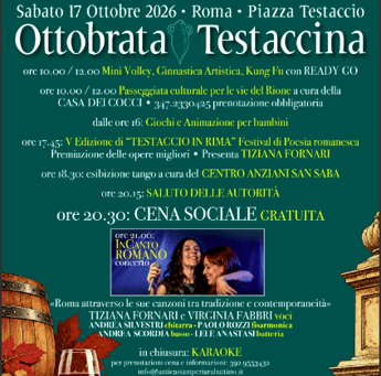 Roma: al I Municipio torna l’Ottobrata Testaccina, giornata gratuita tra tradizione poesia, concerti e cena sociale
